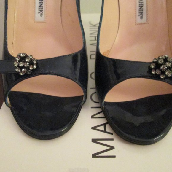Manolo Blahnik Dark Navy Patent Leather Peep Toe Rhinestone Ball - Picture 2 of 7